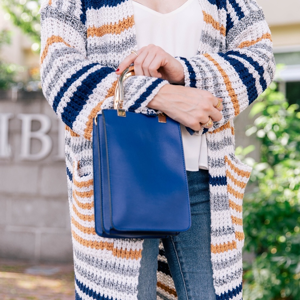 Blue Rectangle Bag with Gold Handles